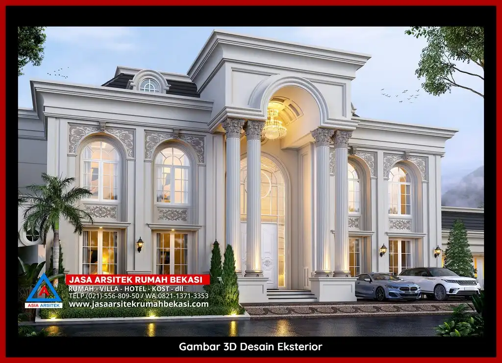 Jasa Gambar 3D fasad rumah klasik mewah di Bekasi dengan pilar megah dan detail elegan