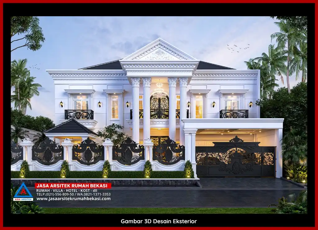 Rekomendasi Biaya Gambar Arsitek Bekasi Desain rumah klasik mewah dengan arsitektur elegan, pilar megah, dan detail artistik yang menawan, memberikan tampilan mewah dan eksklusif.