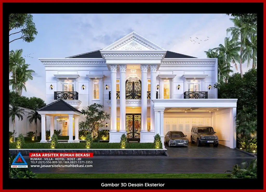 Rekomendasi Biaya Gambar Arsitek Bekasi Desain rumah klasik mewah dengan arsitektur elegan, pilar megah, dan detail artistik yang menawan, memberikan tampilan mewah dan eksklusif.