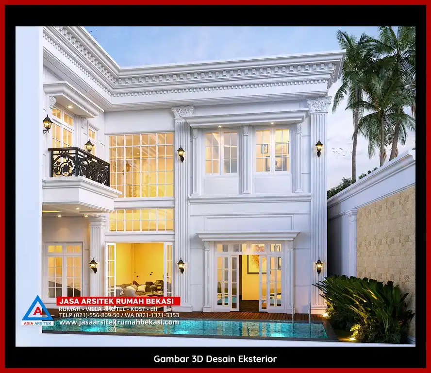 Rekomendasi Biaya Gambar Arsitek Bekasi Desain rumah klasik mewah dengan arsitektur elegan, pilar megah, dan detail artistik yang menawan, memberikan tampilan mewah dan eksklusif.