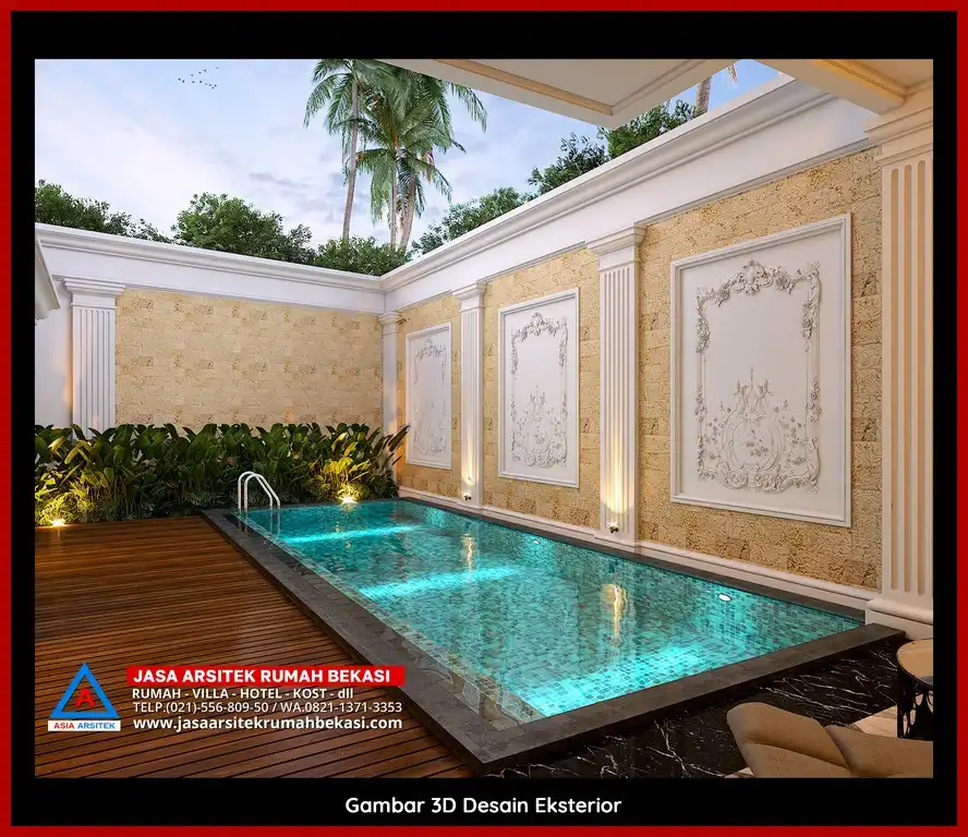 Rekomendasi Biaya Gambar Arsitek Bekasi Desain rumah klasik mewah dengan arsitektur elegan, pilar megah, dan detail artistik yang menawan, memberikan tampilan mewah dan eksklusif.