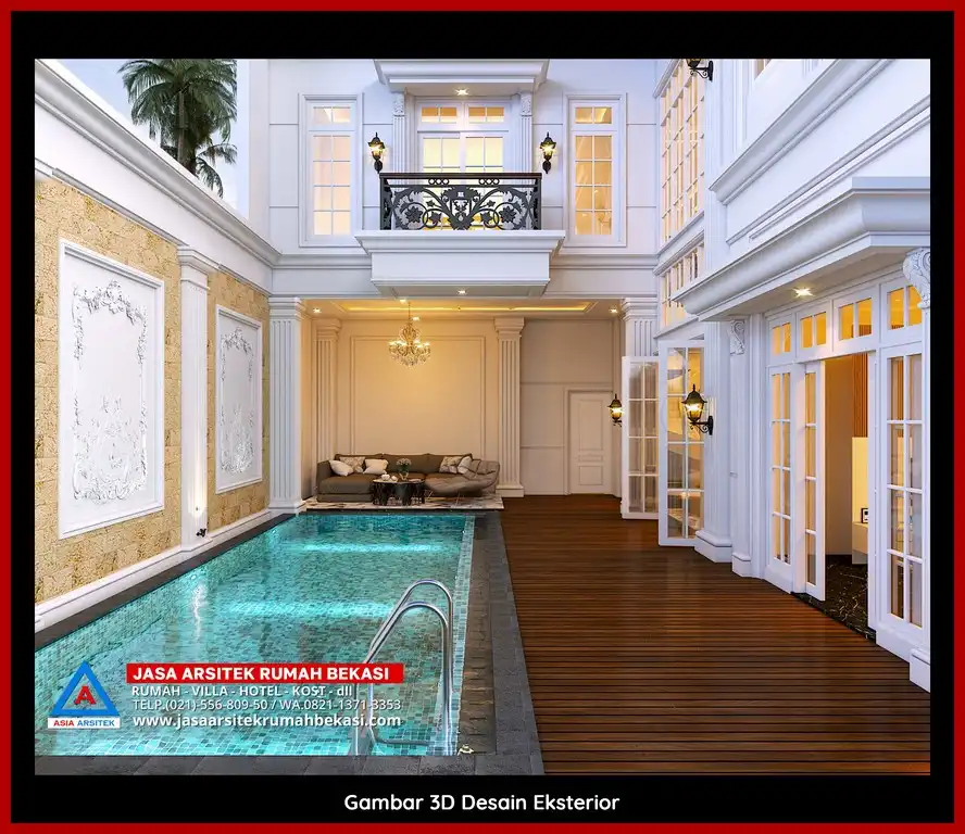 Rekomendasi Biaya Gambar Arsitek Bekasi Desain rumah klasik mewah dengan arsitektur elegan, pilar megah, dan detail artistik yang menawan, memberikan tampilan mewah dan eksklusif.