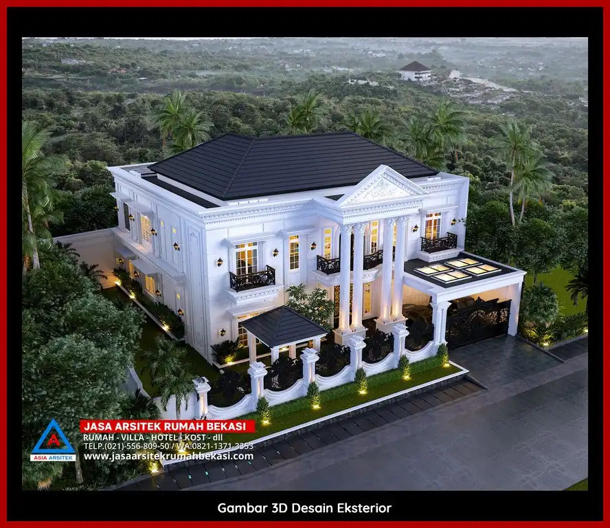 Rekomendasi Biaya Gambar Arsitek Bekasi Desain rumah klasik mewah dengan arsitektur elegan, pilar megah, dan detail artistik yang menawan, memberikan tampilan mewah dan eksklusif.