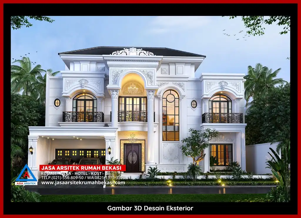 Biaya Jasa Arsitek Rumah Per Meter Desain rumah klasik mewah di Bekasi dengan arsitektur elegan, pilar megah, dan detail artistik yang menawan, memberikan tampilan mewah dan eksklusif.

