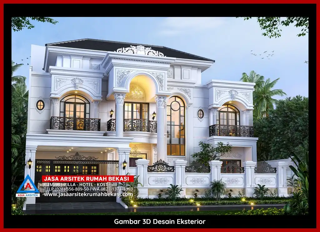 Biaya Jasa Arsitek Rumah Per Meter Desain rumah klasik mewah di Bekasi dengan arsitektur elegan, pilar megah, dan detail artistik yang menawan, memberikan tampilan mewah dan eksklusif.
