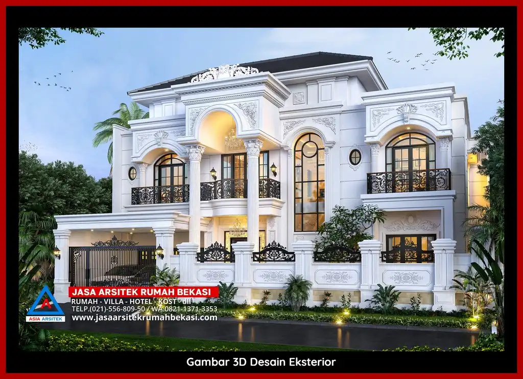 Biaya Jasa Arsitek Rumah Per Meter Desain rumah klasik mewah di Bekasi dengan arsitektur elegan, pilar megah, dan detail artistik yang menawan, memberikan tampilan mewah dan eksklusif.

