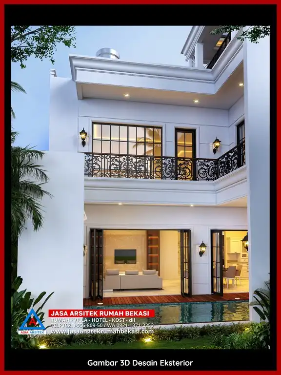 Biaya Jasa Arsitek Rumah Per Meter Desain rumah klasik mewah di Bekasi dengan arsitektur elegan, pilar megah, dan detail artistik yang menawan, memberikan tampilan mewah dan eksklusif.
