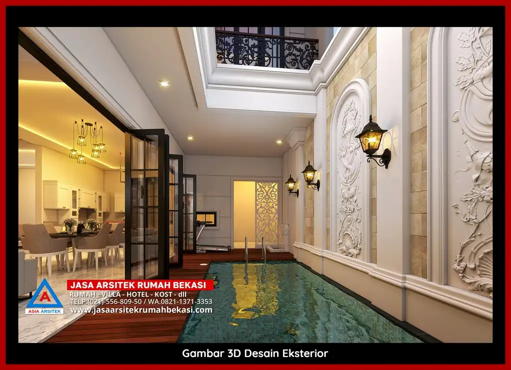 Biaya Jasa Arsitek Rumah Per Meter Desain rumah klasik mewah di Bekasi dengan arsitektur elegan, pilar megah, dan detail artistik yang menawan, memberikan tampilan mewah dan eksklusif.
