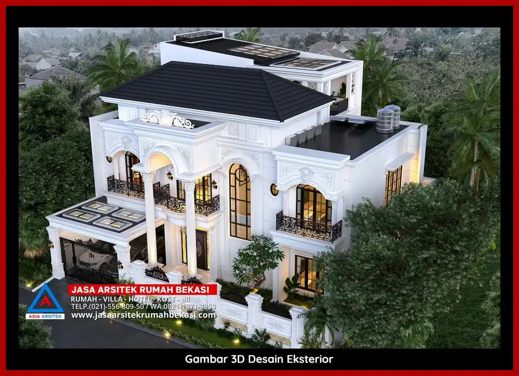 Biaya Jasa Arsitek Rumah Per Meter Desain rumah klasik mewah di Bekasi dengan arsitektur elegan, pilar megah, dan detail artistik yang menawan, memberikan tampilan mewah dan eksklusif.

