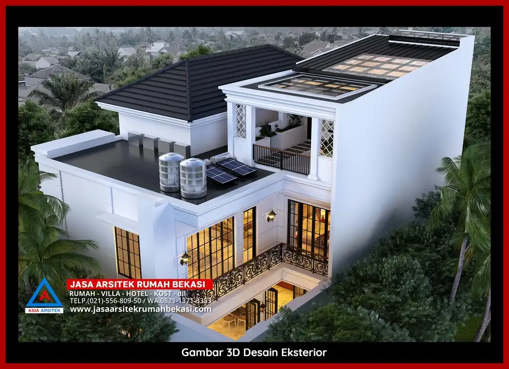 Biaya Jasa Arsitek Rumah Per Meter Desain rumah klasik mewah di Bekasi dengan arsitektur elegan, pilar megah, dan detail artistik yang menawan, memberikan tampilan mewah dan eksklusif.
