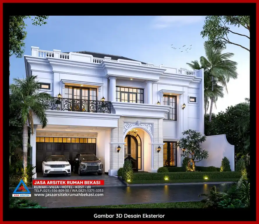 Visualisasi 3D arsitek Desain Rumah Tropis Ramah Lingkungan Bekasi dengan ornamen mewah