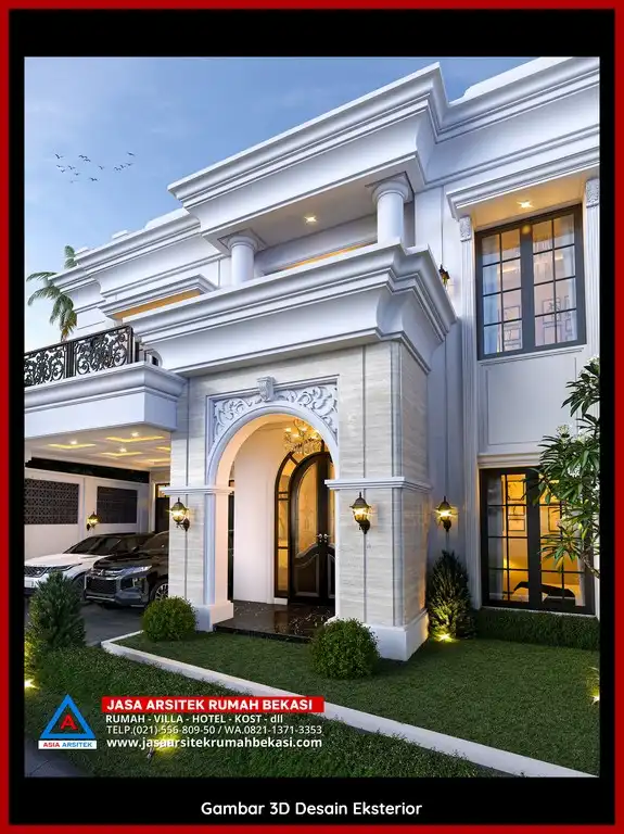 Visualisasi 3D arsitek Desain Rumah Tropis Ramah Lingkungan Bekasi dengan ornamen mewah