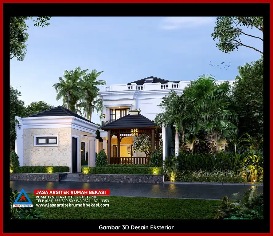 Visualisasi 3D arsitek Desain Rumah Tropis Ramah Lingkungan Bekasi dengan ornamen mewah