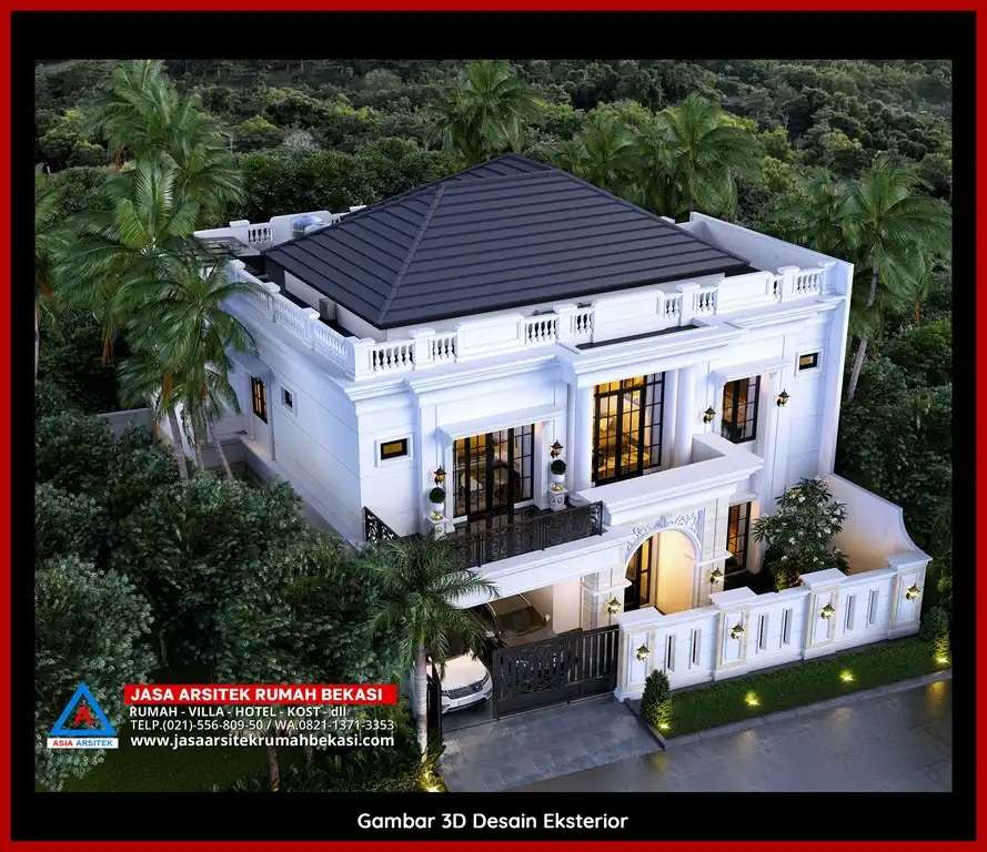Visualisasi 3D arsitek Desain Rumah Tropis Ramah Lingkungan Bekasi dengan ornamen mewah