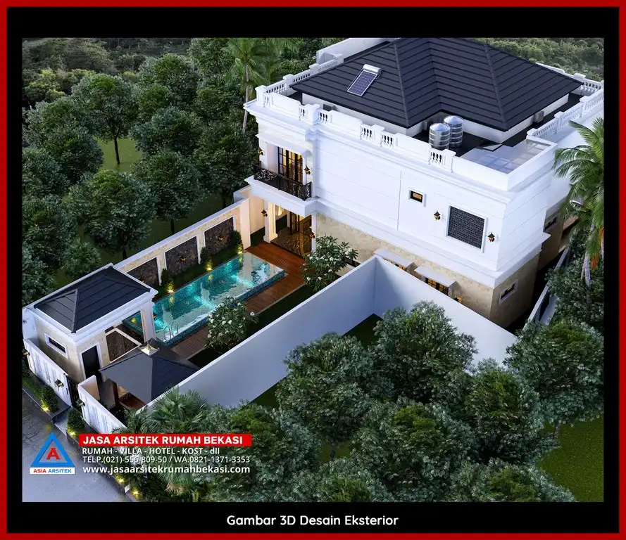 Visualisasi 3D arsitek Desain Rumah Tropis Ramah Lingkungan Bekasi dengan ornamen mewah