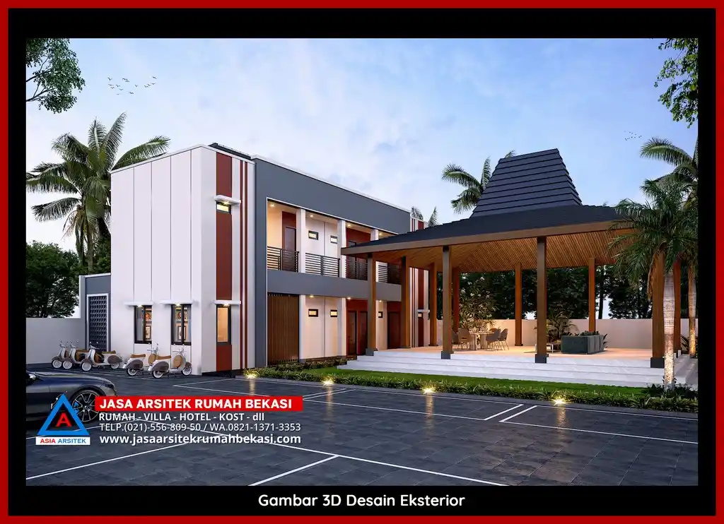 Visualisasi 3D Jasa Arsitek Rumah Kost 2 Lantai bergaya mewah di Bekasi dengan ornamen mewah