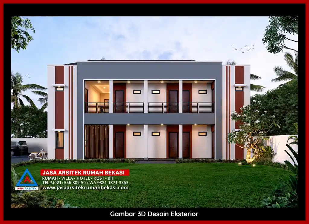 Visualisasi 3D Jasa Arsitek Rumah Kost 2 Lantai bergaya mewah di Bekasi dengan ornamen mewah