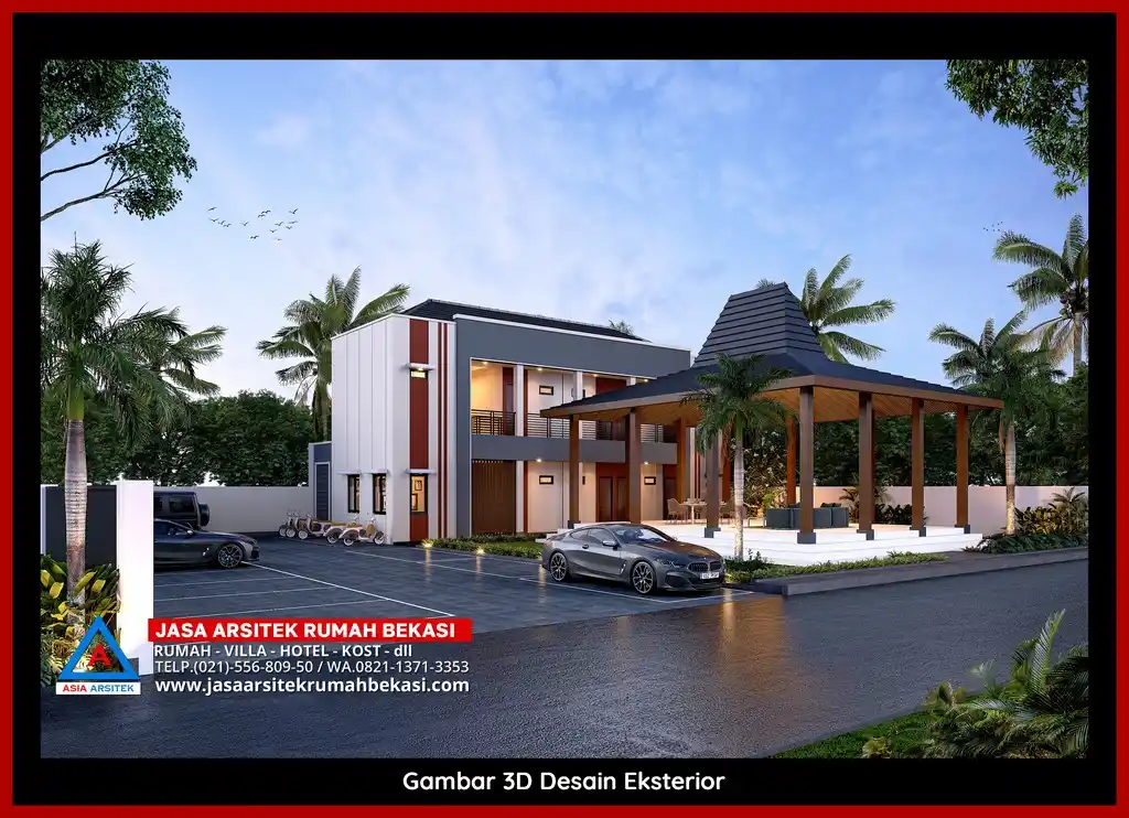 Visualisasi 3D Jasa Arsitek Rumah Kost 2 Lantai bergaya mewah di Bekasi dengan ornamen mewah