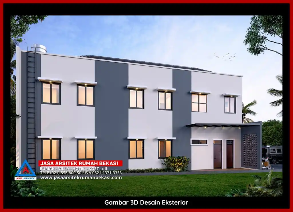 Visualisasi 3D Jasa Arsitek Rumah Kost 2 Lantai bergaya mewah di Bekasi dengan ornamen mewah