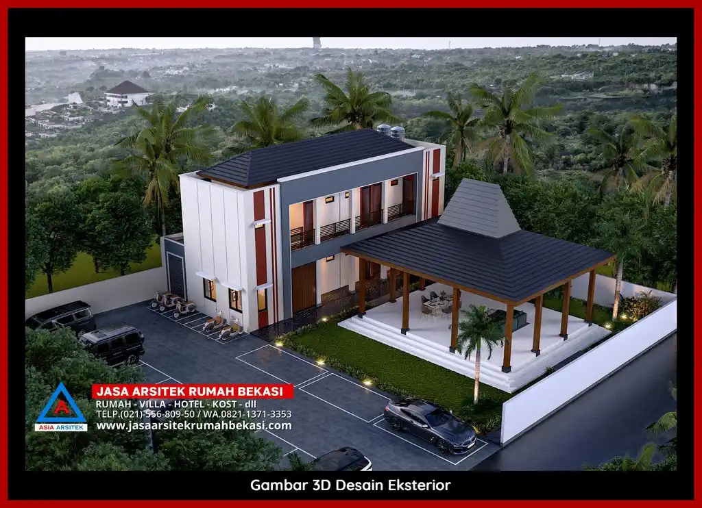 Visualisasi 3D Jasa Arsitek Rumah Kost 2 Lantai bergaya mewah di Bekasi dengan ornamen mewah