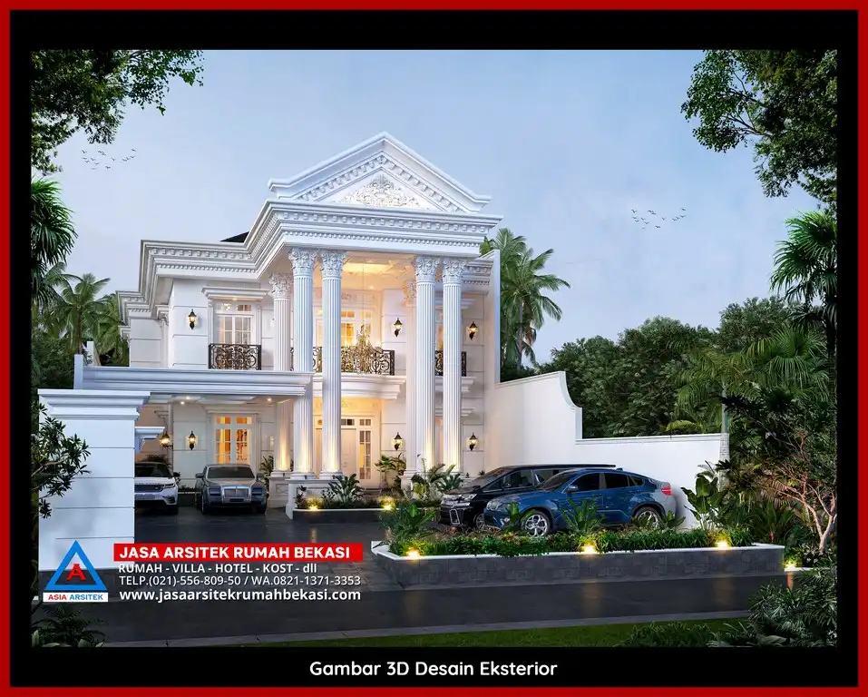 Visualisasi 3D Jasa Desain Rumah klasik bergaya Eropa di Jakasetia Bekasi dengan ornamen mewah