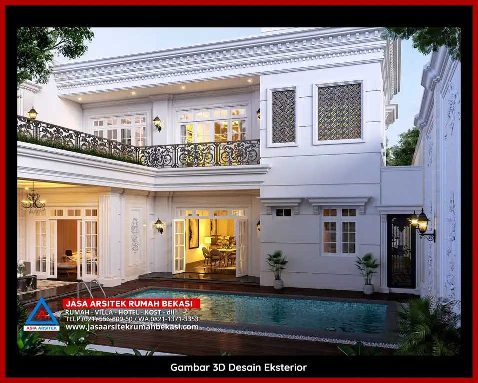 Visualisasi 3D Jasa Desain Rumah klasik bergaya Eropa di Jakasetia Bekasi dengan ornamen mewah