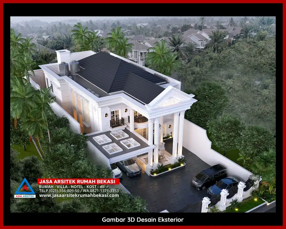 Visualisasi 3D Jasa Desain Rumah klasik bergaya Eropa di Jakasetia Bekasi dengan ornamen mewah