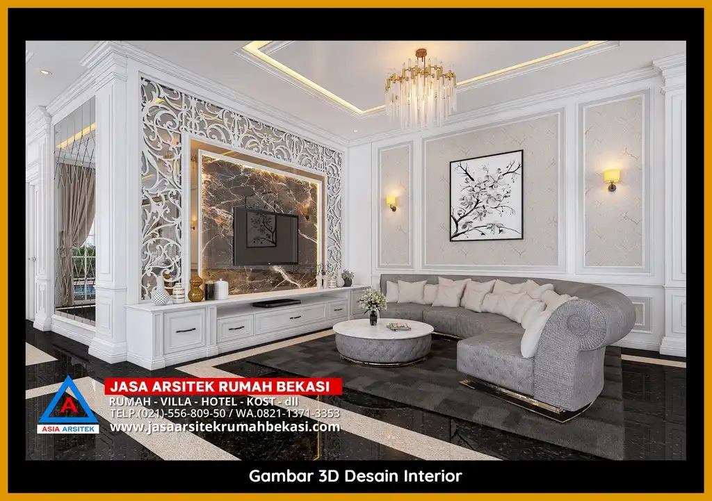 Visualisasi 3D Jasa Desain Rumah klasik bergaya Eropa di Jakasetia Bekasi dengan ornamen mewah