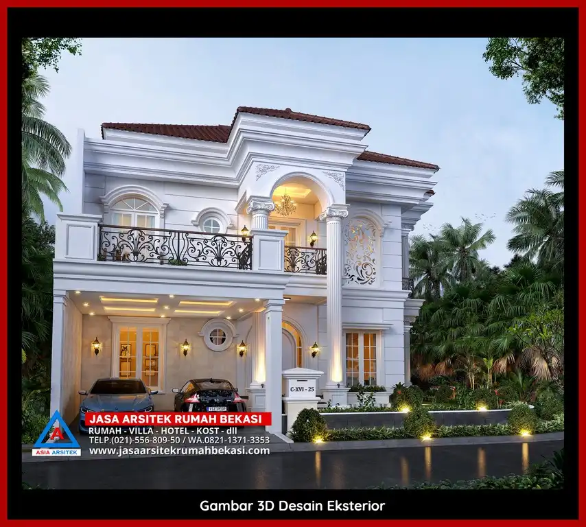 Visualisasi 3D Jasa Desain Rumah klasik bergaya Eropa di Jatibening Bekasi dengan ornamen mewah