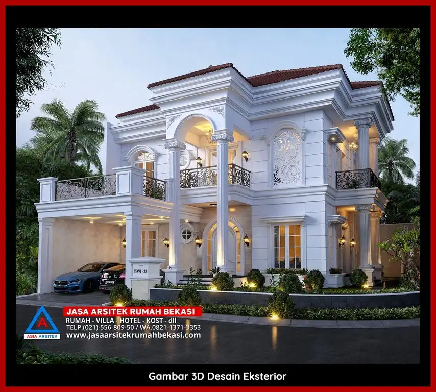 Visualisasi 3D Jasa Desain Rumah klasik bergaya Eropa di Jatibening Bekasi dengan ornamen mewah