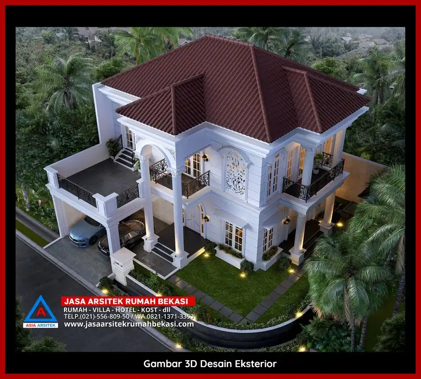 Visualisasi 3D Jasa Desain Rumah klasik bergaya Eropa di Jatibening Bekasi dengan ornamen mewah
