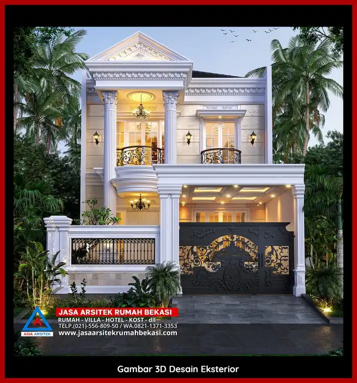 Visualisasi 3D Jasa Desain Rumah klasik bergaya Eropa di Jaticempaka Bekasi dengan ornamen mewah