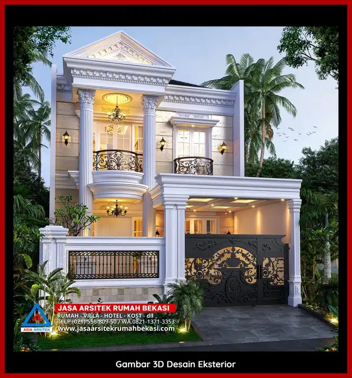 Visualisasi 3D Jasa Desain Rumah klasik bergaya Eropa di Jaticempaka Bekasi dengan ornamen mewah