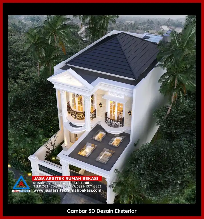Visualisasi 3D Jasa Desain Rumah klasik bergaya Eropa di Jaticempaka Bekasi dengan ornamen mewah