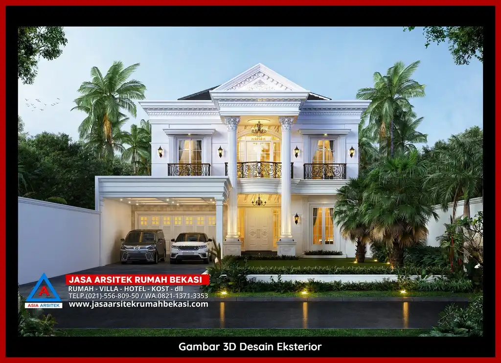 Rekomendasi Jasa Desain Rumah Bekasi Terpercaya Desain rumah klasik mewah di Jatikarya Bekasi dengan arsitektur elegan, pilar megah, dan detail artistik yang menawan, memberikan tampilan mewah dan eksklusif.