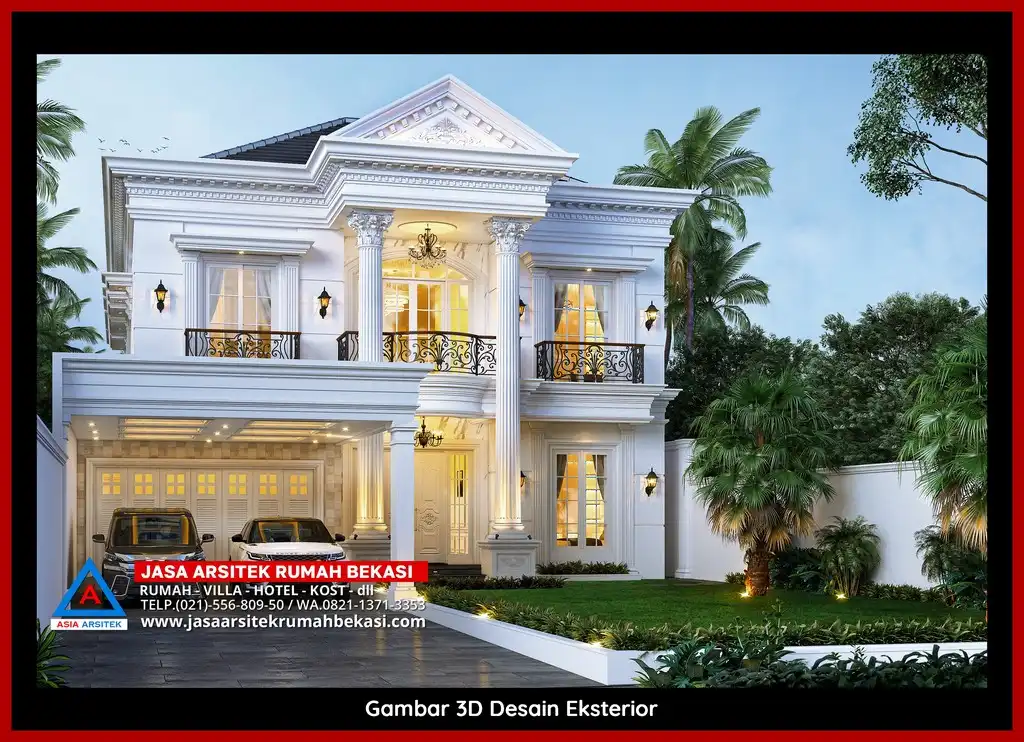 Rekomendasi Jasa Desain Rumah Bekasi Terpercaya Desain rumah klasik mewah di Jatikarya Bekasi dengan arsitektur elegan, pilar megah, dan detail artistik yang menawan, memberikan tampilan mewah dan eksklusif.