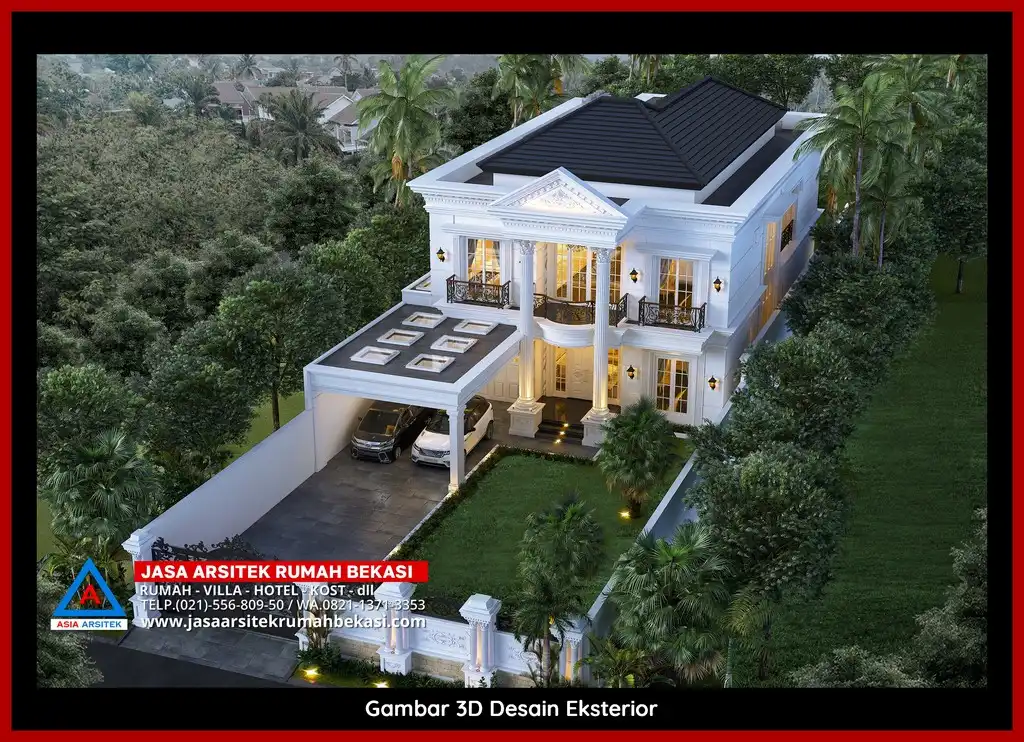 Rekomendasi Jasa Desain Rumah Bekasi Terpercaya Desain rumah klasik mewah di Jatikarya Bekasi dengan arsitektur elegan, pilar megah, dan detail artistik yang menawan, memberikan tampilan mewah dan eksklusif.
