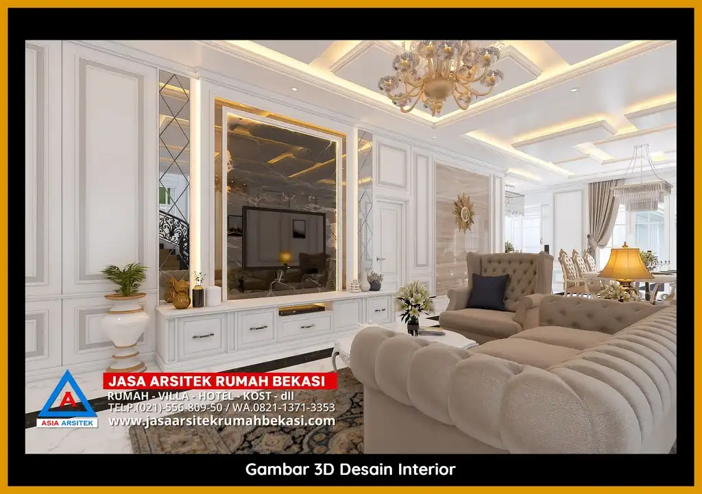 Rekomendasi Jasa Desain Rumah Bekasi Terpercaya Desain rumah klasik mewah di Jatikarya Bekasi dengan arsitektur elegan, pilar megah, dan detail artistik yang menawan, memberikan tampilan mewah dan eksklusif.