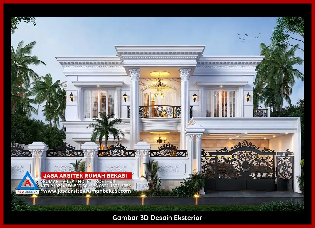 Rekomendasi Jasa Desain Rumah Bekasi Terpercaya Desain rumah klasik mewah di Jatikramat Bekasi dengan arsitektur elegan, pilar megah, dan detail artistik yang menawan, memberikan tampilan mewah dan eksklusif.