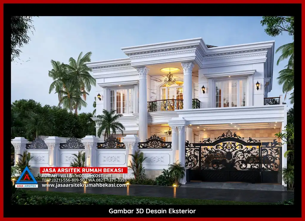 Rekomendasi Jasa Desain Rumah Bekasi Terpercaya Desain rumah klasik mewah di Jatikramat Bekasi dengan arsitektur elegan, pilar megah, dan detail artistik yang menawan, memberikan tampilan mewah dan eksklusif.