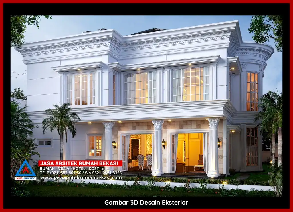 Rekomendasi Jasa Desain Rumah Bekasi Terpercaya Desain rumah klasik mewah di Jatikramat Bekasi dengan arsitektur elegan, pilar megah, dan detail artistik yang menawan, memberikan tampilan mewah dan eksklusif.