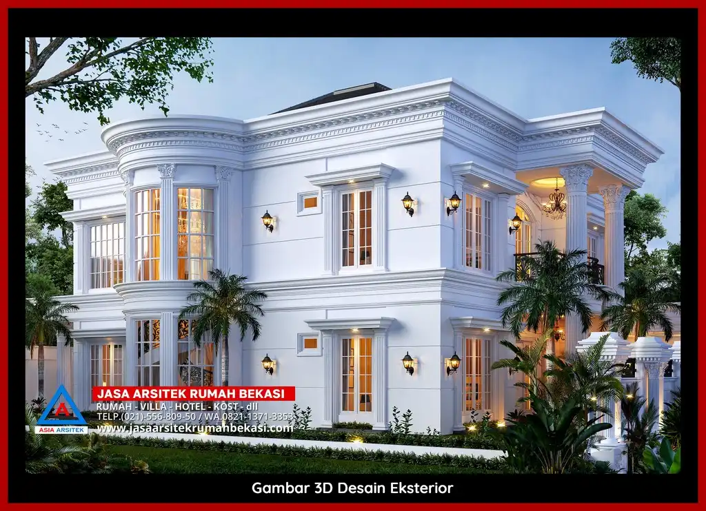 Rekomendasi Jasa Desain Rumah Bekasi Terpercaya Desain rumah klasik mewah di Jatikramat Bekasi dengan arsitektur elegan, pilar megah, dan detail artistik yang menawan, memberikan tampilan mewah dan eksklusif.