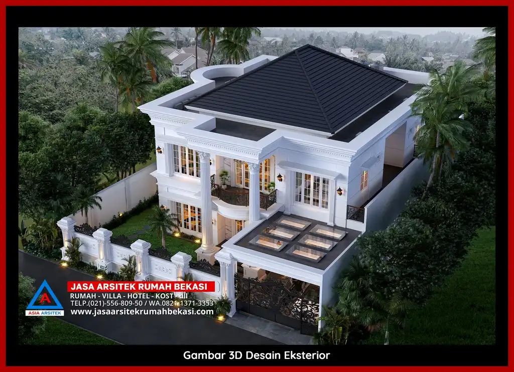 Rekomendasi Jasa Desain Rumah Bekasi Terpercaya Desain rumah klasik mewah di Jatikramat Bekasi dengan arsitektur elegan, pilar megah, dan detail artistik yang menawan, memberikan tampilan mewah dan eksklusif.