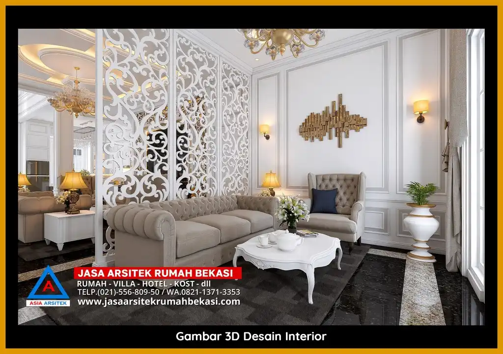 Rekomendasi Jasa Desain Rumah Bekasi Terpercaya Desain rumah klasik mewah di Jatikramat Bekasi dengan arsitektur elegan, pilar megah, dan detail artistik yang menawan, memberikan tampilan mewah dan eksklusif.