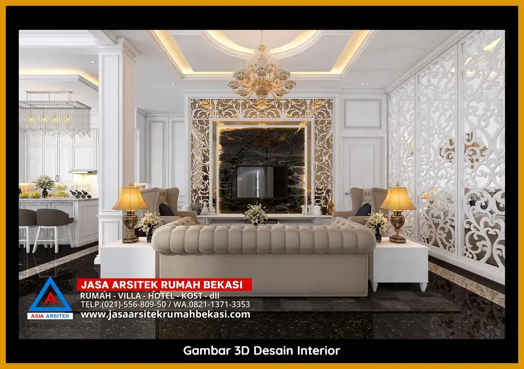 Rekomendasi Jasa Desain Rumah Bekasi Terpercaya Desain rumah klasik mewah di Jatikramat Bekasi dengan arsitektur elegan, pilar megah, dan detail artistik yang menawan, memberikan tampilan mewah dan eksklusif.