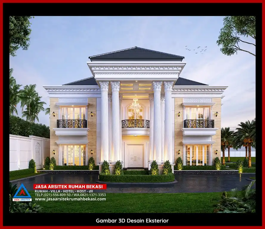 Jasa Desain Arsitek 3D fasad rumah klasik mewah di Bekasi Barat dengan pilar megah dan detail elegan