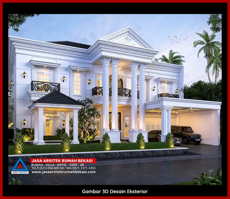 Visualisasi 3D arsitek rumah klasik bergaya Eropa di Bekasi Timur dengan ornamen mewah