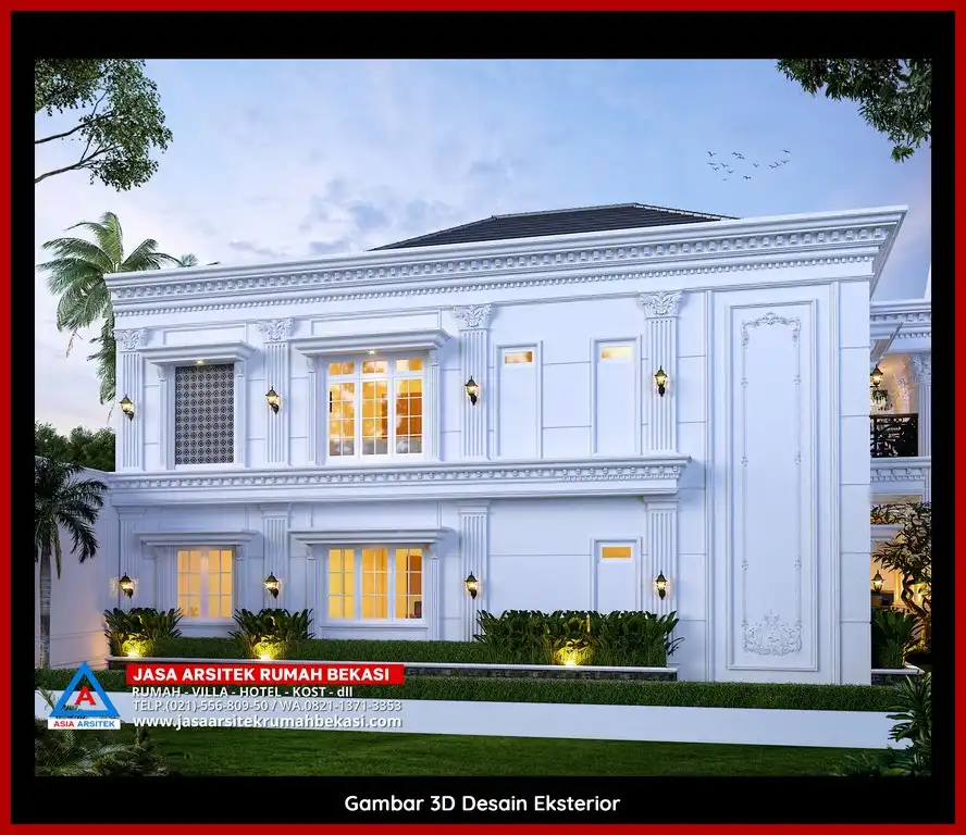 Visualisasi 3D arsitek rumah klasik bergaya Eropa di Bekasi Timur dengan ornamen mewah