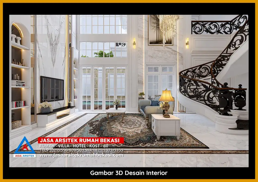 Visualisasi 3D arsitek rumah klasik bergaya Eropa di Bekasi Timur dengan ornamen mewah