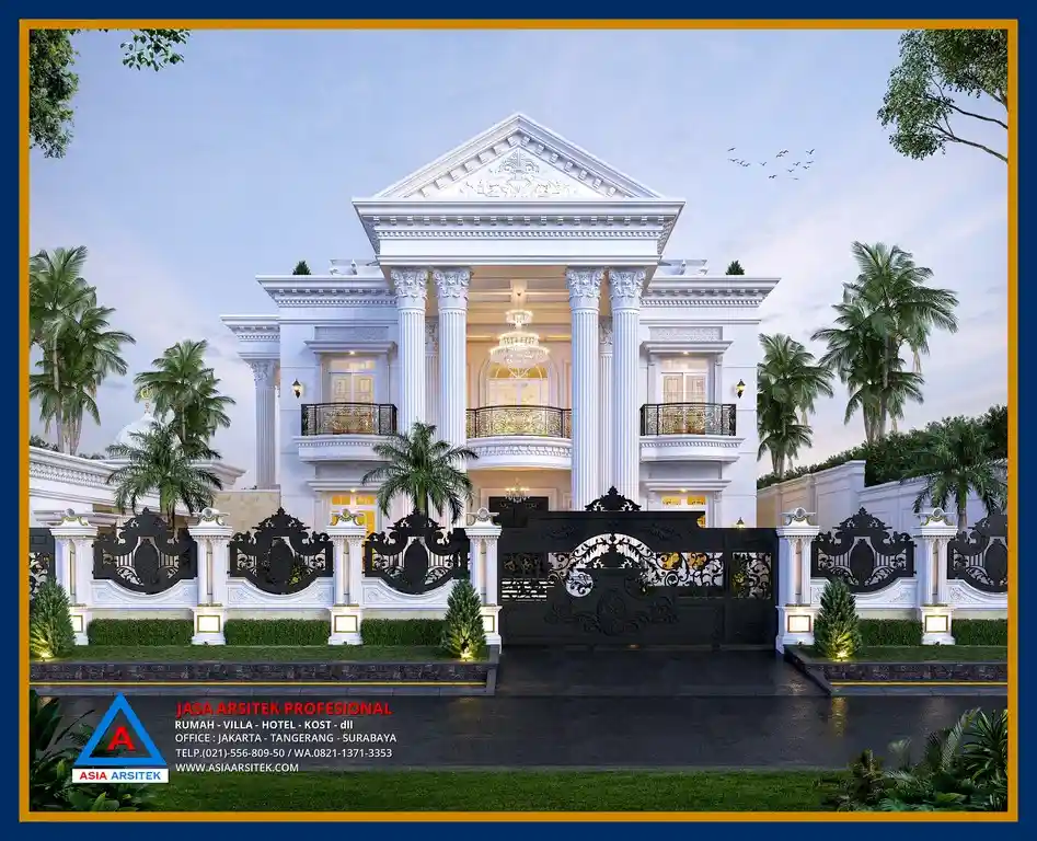 Tampak depan rumah mewah klasik 2 lantai di Bekasi – Desain fasad megah dengan pilar kokoh, detail simetris, dan dominasi warna putih elegan untuk kesan luxury yang timeless.